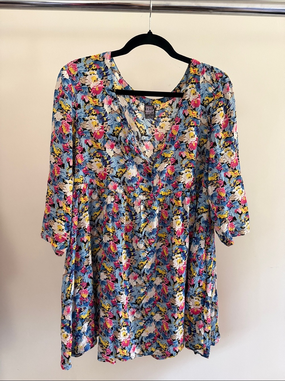 Free People Floral V-Neck Tunic in Blue, Pink & Yellow